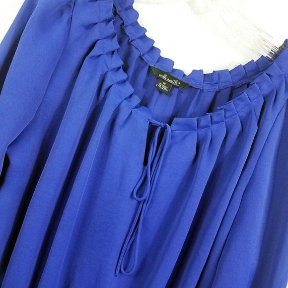 Willi Smith Women's Royal Blue Elastic Waist Tie Neck Medium Shirt Top Blouse - Picture 3 of 13